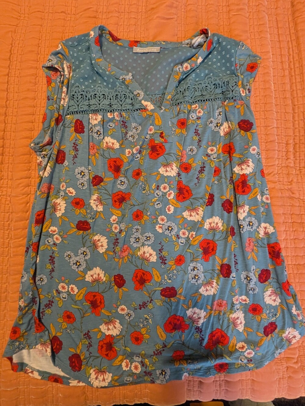 Daniel Rainn Blue Floral Lace Yoke Camisole with Red & White Blooms